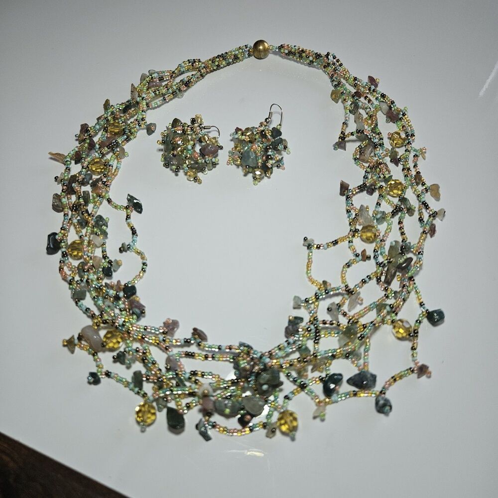 *Sale* Beaded Layered Multicolored Glass Chips Hand Made Necklace Earrings Set